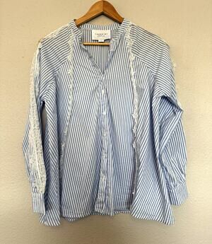 The Shirt by Rochelle Behrens Blue White Striped Blouse Women's Size S